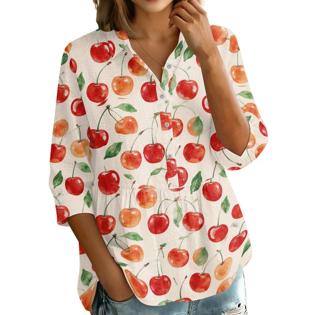 Damen Knopfleiste Hemd Vintage Blumenmuster Dreiviertelärm Lockerer Schnitt Bluse mit Kragen Lässig Leichtes Oberteil