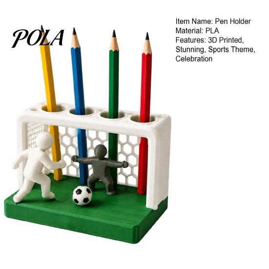 Smooth Surface Pencil Cup Soccer Goal And Player Figure Pen Holder, 3D Printed Sports Durable Organizer Theme 4 Hole Desktop for Home, Office