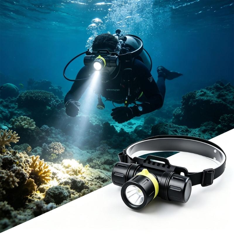 Underwater Diving Headlamp with Adjustable Head Mount, Aluminum Beam Light for Snorkeling, Night Fishing and Camping
