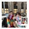 Women Scarf Rainbow Color Striped Scarf with Plush Balls Tassel Winter Thickened Warm Couple Scarf Versatile Wear