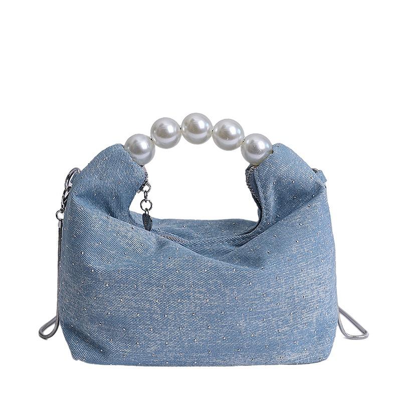 

New denim shoulder messenger bag handmade diamond chain tote bag casual versatile pearl handbag світло-синій колір