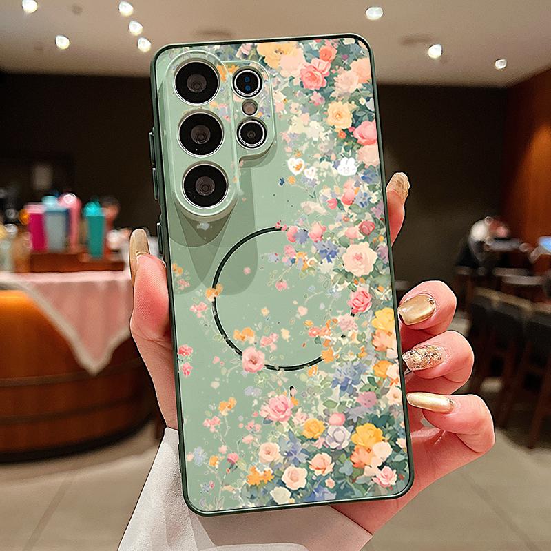Magnetic For Magsafe Case For Samsung Galaxy S26 Ultra S25 Edge S24 Plus S23 FE S22 A54 A55 A56 5G Flower Garden Pattern Matte Cover