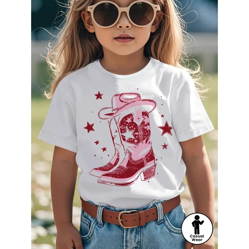 European sizes American Casual Cowboy Boots Cowboy Hat Star Pattern Print Girl Short-Sleeved T-Shirt, Girls  Clothing 110 белый