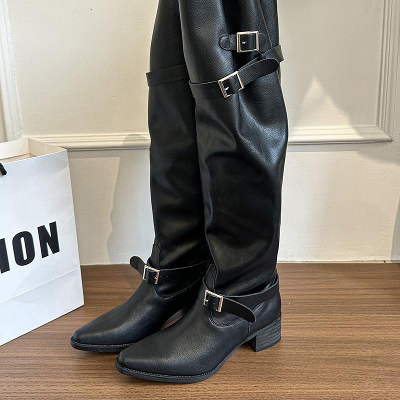 

American retro big tube heap boots women s 2025 new Spice Girl wind knee high boots slim western knight boots 41 чёрный