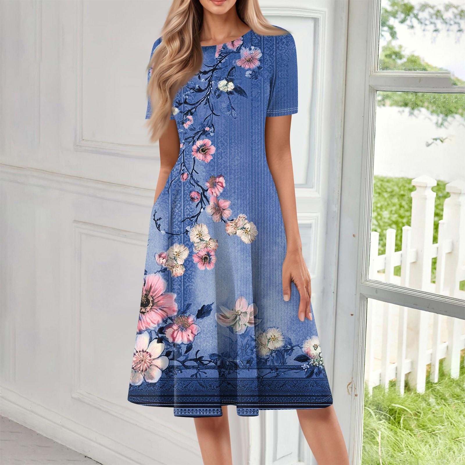 

Женское свободное повседневное и модное платье с круглым вырезом и короткими рукавами, средней длины с принтом L