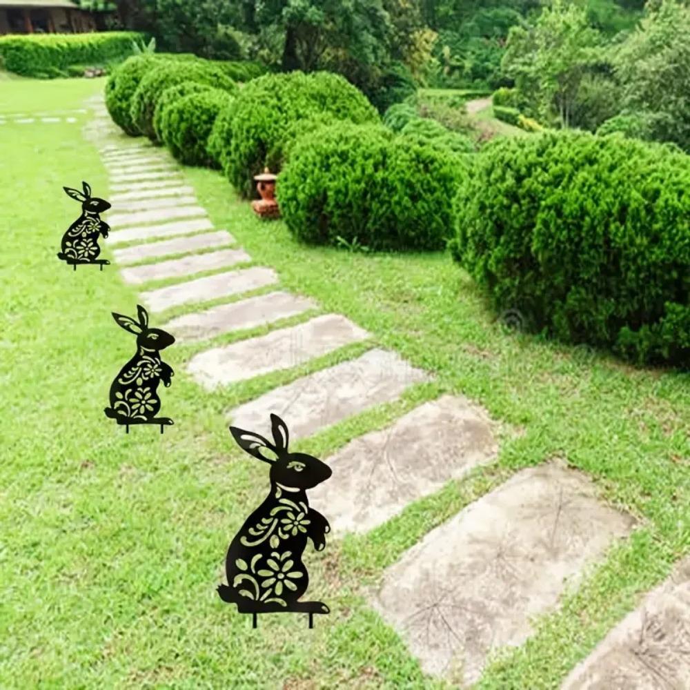Animal Silhouette Bunny Rabbit Garden Stake - Yard Art for Lawn, Patio, and Home Decor with Floral Cutouts