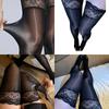 Shimmering High Elastic Over Knee Socks Breathable Design With Decorative Lace Edging Glossy Sheer Thigh High Stockings
