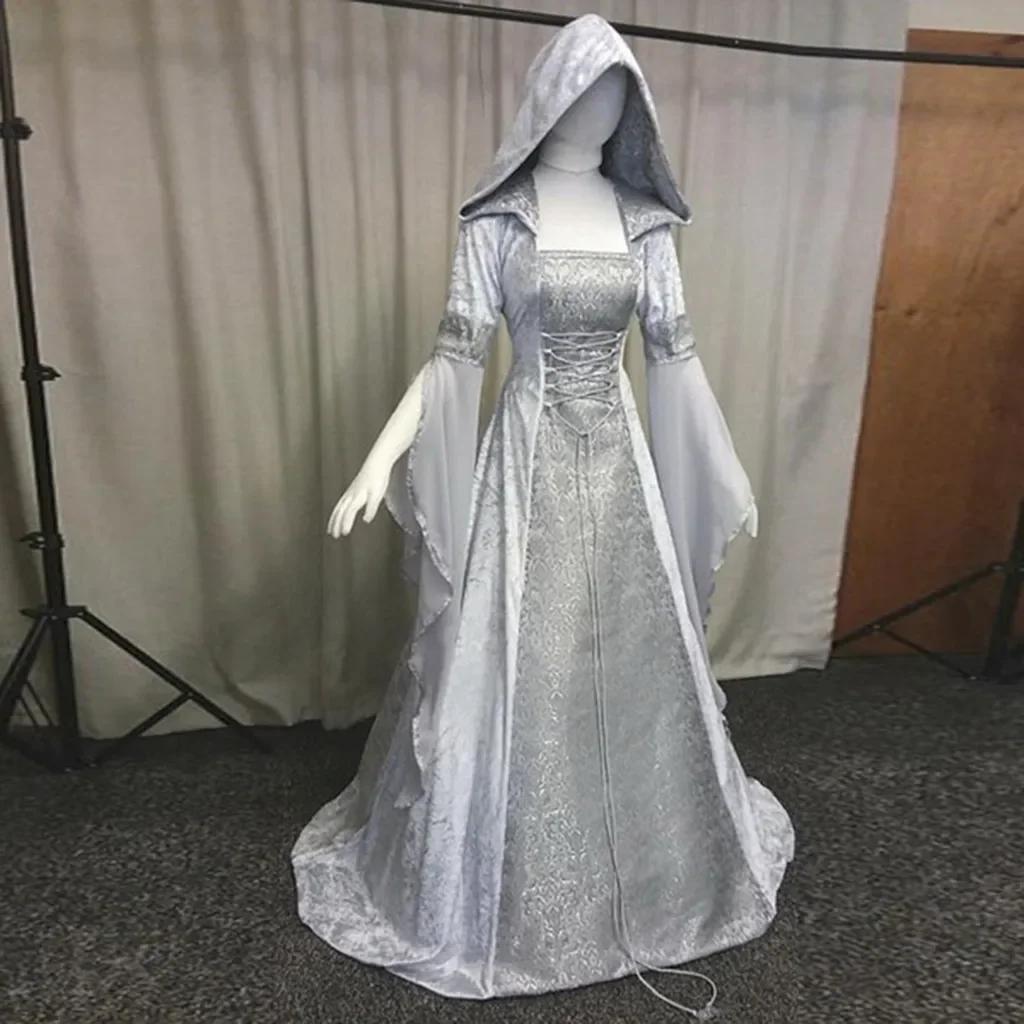 Damen Deluxe Hexenkleid Mittelalter Renaissance Maxi Schleppenkleid Halloween Teufel Heidnische Hexe Hochzeit Cos Kostüm Kapuzengewand Robe