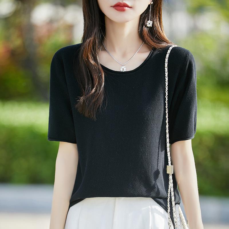 

Летний свитер-футболка из чистого хлопка с подвернутыми рукавами, низким круглым вырезом, однотонный, повседневный, универсальный, свежий, сухой, удобный XXL чёрный