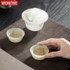 Ink Wash Glass Azure Stone Gaiwan Vintage Three Piece Non Hot Tea Tureen Household Tea Brewing Cover Bowl Drinkware Craft