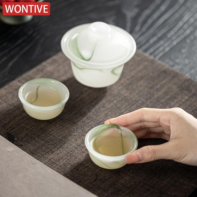 Ink Wash Glass Azure Stone Gaiwan Vintage Three Piece Non Hot Tea Tureen Household Tea Brewing Cover Bowl Drinkware Craft