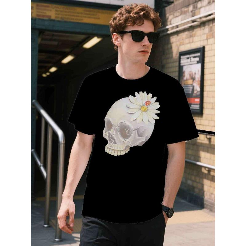 Men S New Stylish Casual Short-Sleeve T-Shirt with a Skull And Flower Print S чёрный
