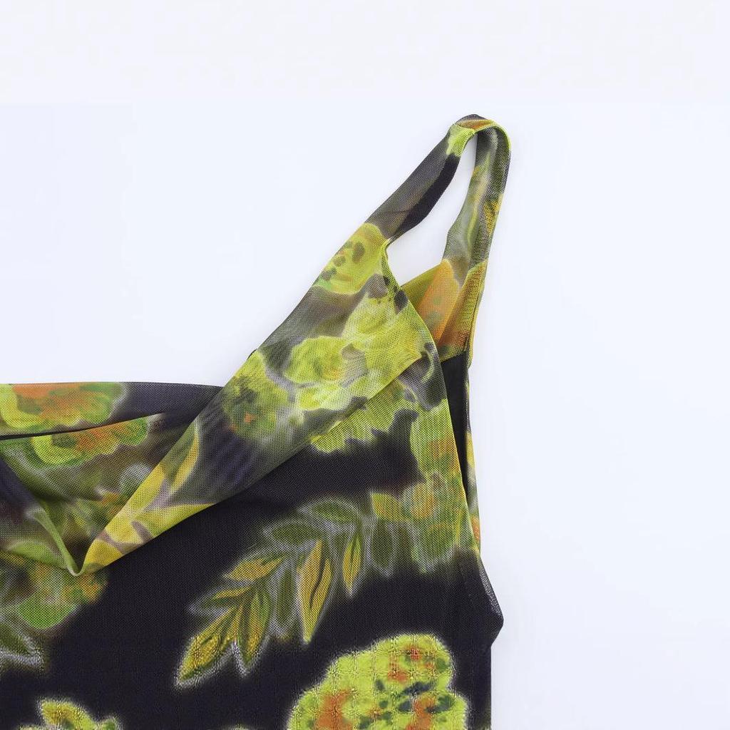 ZA Women's 2025 Summer Fashion Backless Silk Mesh Print Spaghetti Strap Dress