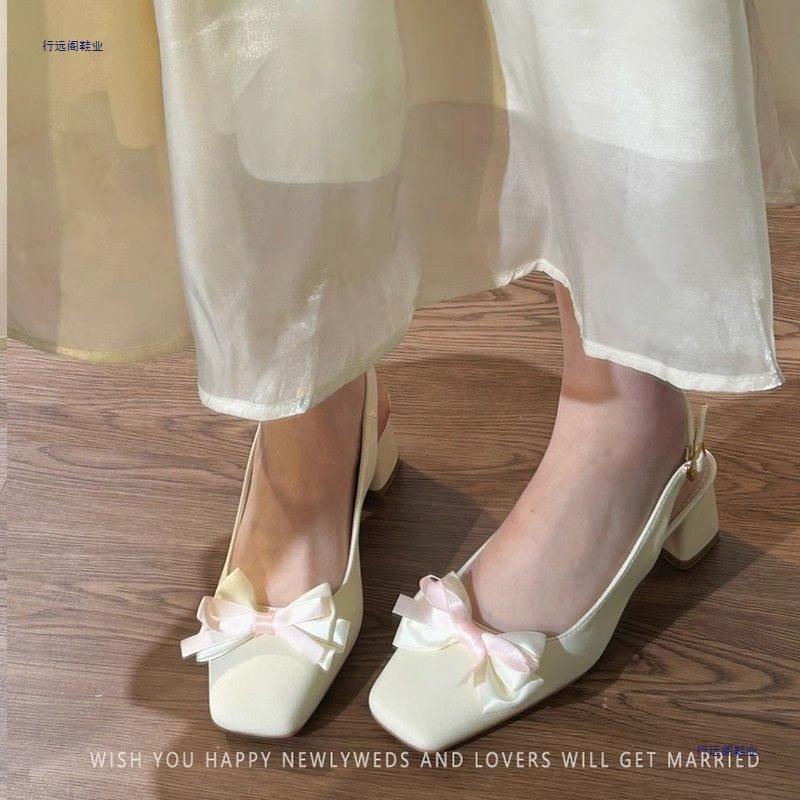 Square Head High Heels Women's Bag Head Empty Sandals Flower Thick Heel Gentle Wind Bow Middle Heel Single Shoes with Skirt