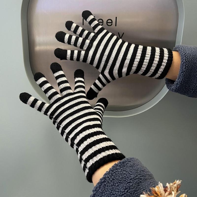 Winter Men Knitted Gloves Mobile Phone Touch Mitten Thicken Striped Striped