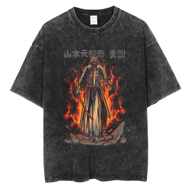 Japanese Anime Bleach Zaraki Kenpachi Graphic Print T-shirt for Men and Women Manga T-shirts Harajuku Men's Oversized Washed Cotton T-shirt