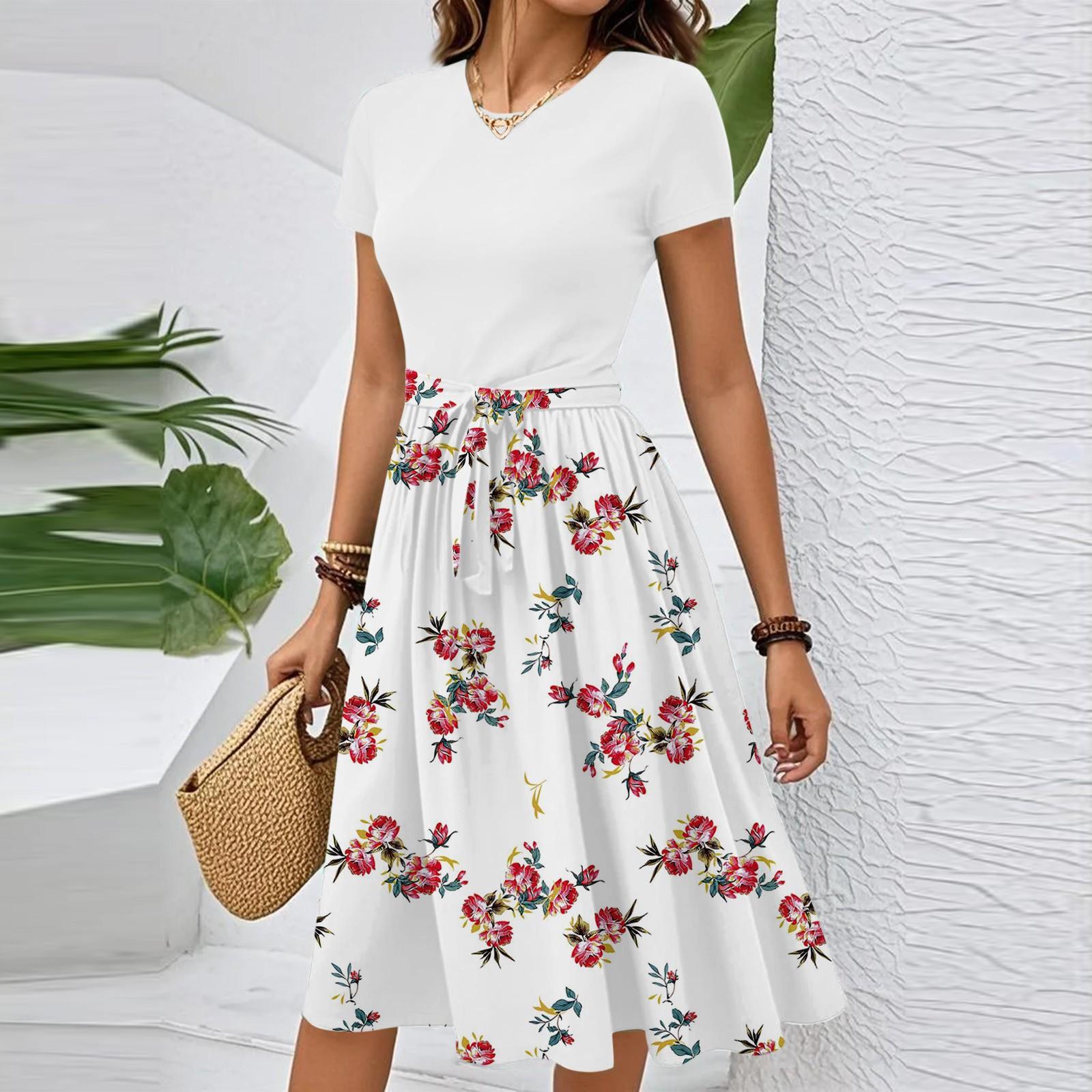 

Женское повседневное модное элегантное платье с поясом и цветочным принтом, коротким рукавом и круглым вырезом L бежевый