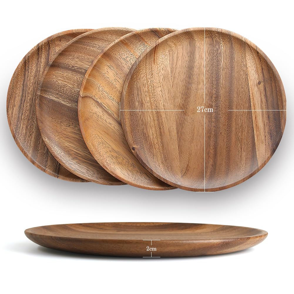YFWOOD Lacquered Acacia Wood Plate Set, 4 Pieces, 27cm Diameter, Large Wooden Tray, Round Plate, Japanese Tableware, Grilled Fish, Appetizers, Sweets,