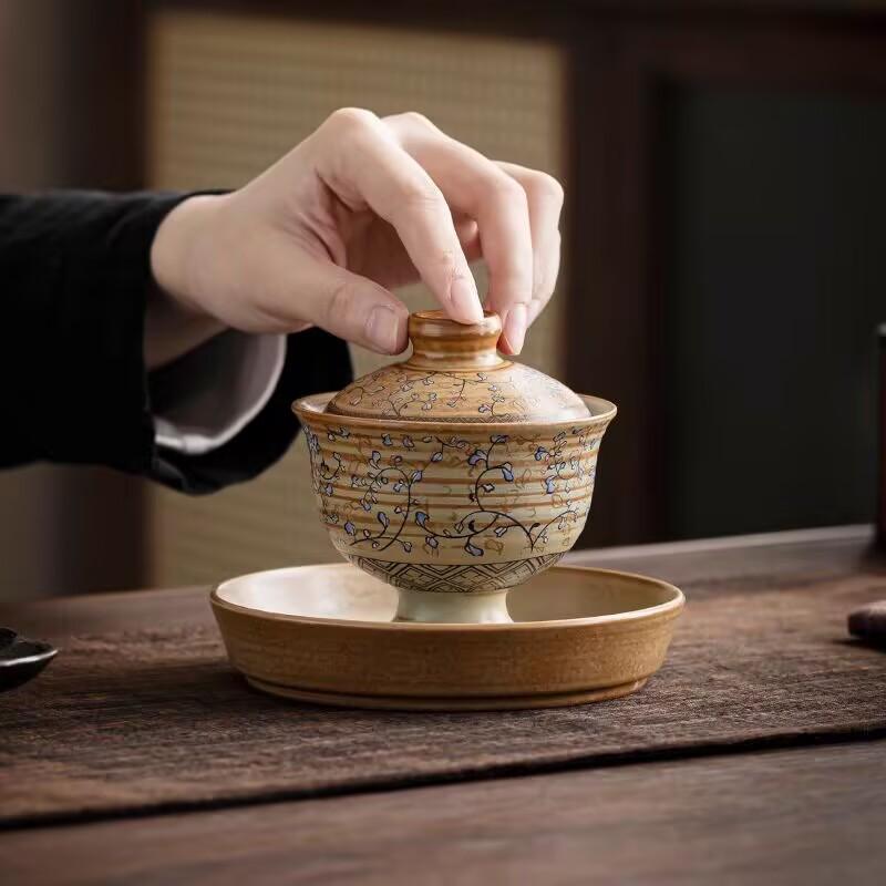 Ancient Pottery Twisted Lotus Cover Bowl Teacup Single Household Ceramic Retro Two Or Three Tea Bowl High-End Light Luxury Chinese Style