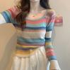 Autumn and Winter New Sweet and Spicy Square Collar Niche Contrasting Stripes Knitted Slim and Thin Soft Waxy Short T-shirt
