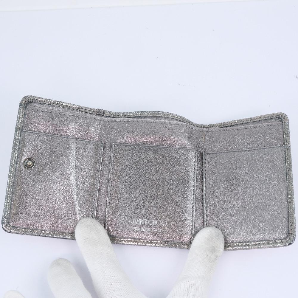 Jimmy Choo Star Studs Tri-fold Wallet Metallic Silver Calfskin Women Used