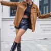 Women's Fashion- Solid Color Single-breasted Lapel Faux Deerskin Velvet Long-Sleeved Pocket Shirt Jacket