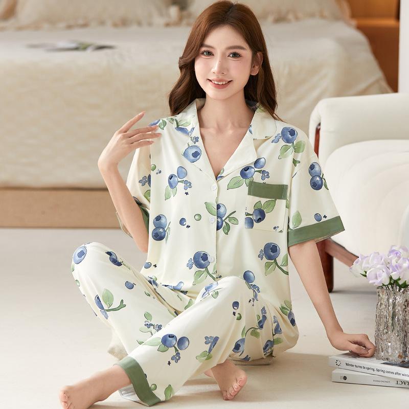Superior sweet ladies strawberry print imitation cotton pajamas loungewear loose large size short sleeves trousers set