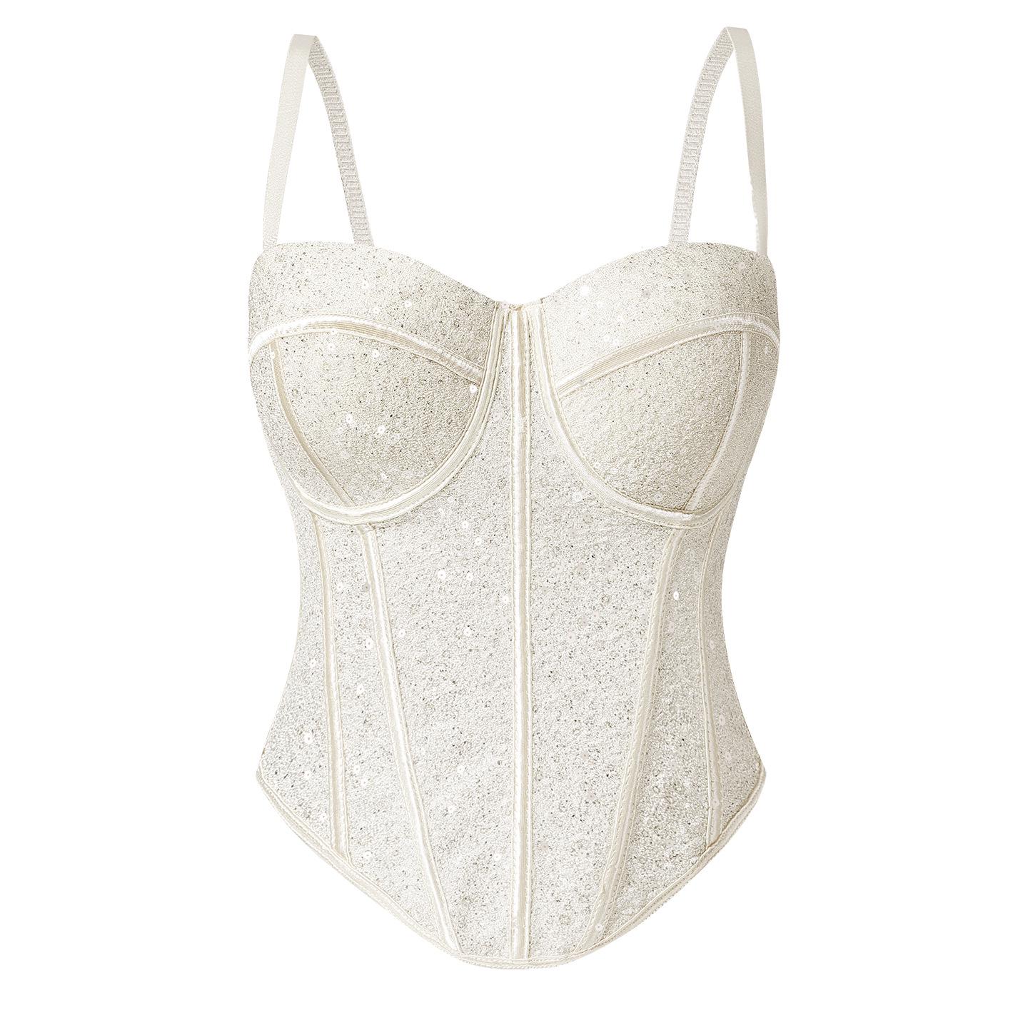 European & American Sequin Lace Camisole with Padded Steel-Support Bra 40/90