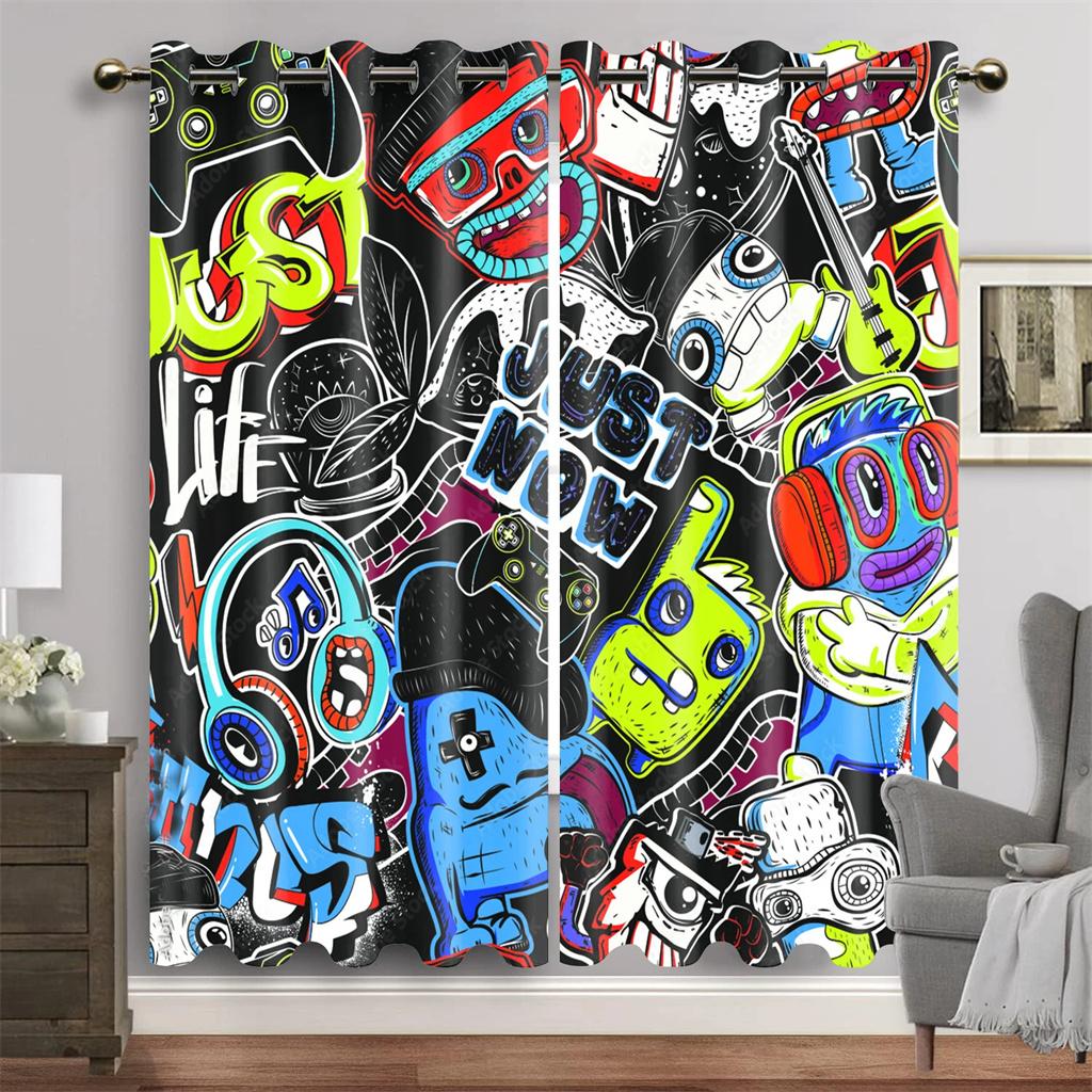 

Animated Gamepad Switch Drapes designed for Boys Bedroom Space Graffiti Words Video Games Window Drapes Game Players Living Room Decoration W50 X H130(CM)X2&Grommet Top