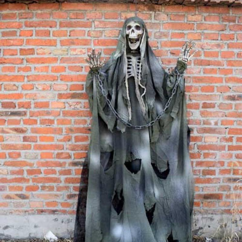 Halloween Ghost Door Curtain With Skull Decorations Light-Up Sound Effect Haunted House Party Decoration