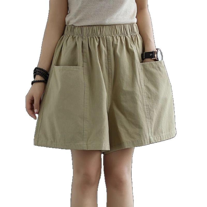 Women's Cotton Pocket Shorts - Summer Casual, Wide-Leg, Elastic Waist, Plus Size, Five-Point Length