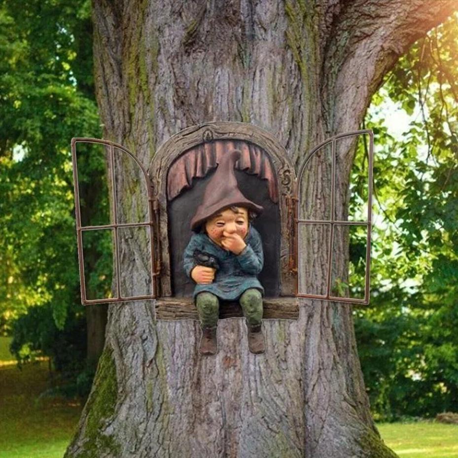 1 Pcs Naughty Garden Statue Elf Go Out Tree Hug Gnome Statue Elf Out The Door Window Tree Hugger Home Yard Tree Decor