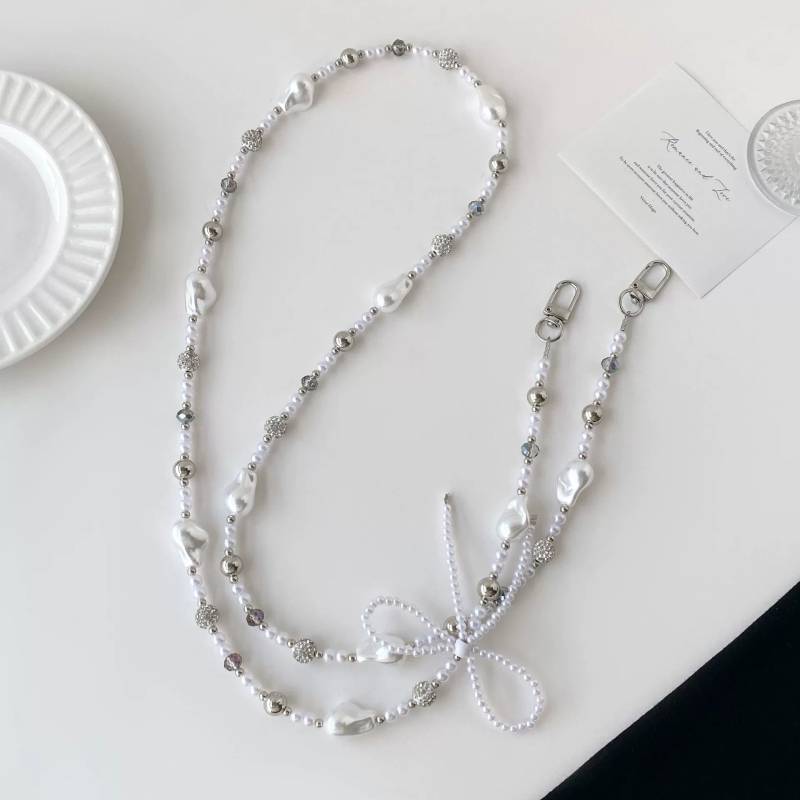 Silver Pearl Bow Diamond Ball Phone Lanyard With Pvc Strap For Women And Men