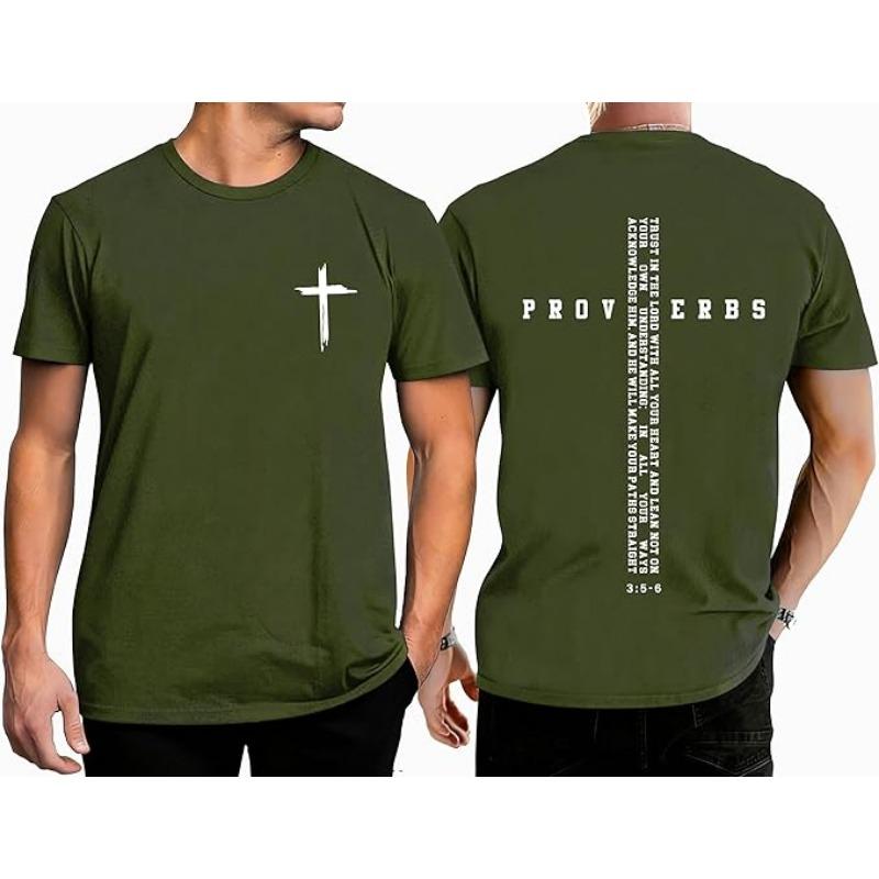 Christian Men's Faith Cross Print T-Shirt with Bible Scripture Inspirational Design Round Neck Short Sleeve Top