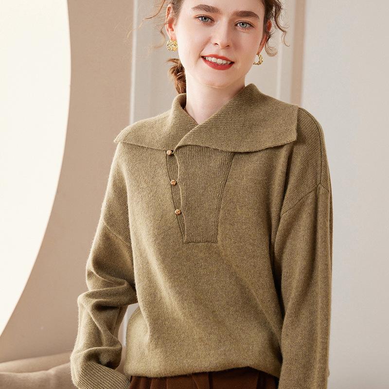 Women's Solid Color Cashmere Lapel Knit Sweater - Long Sleeve, Loose Fit, Warm Pullover for Autumn & Winter