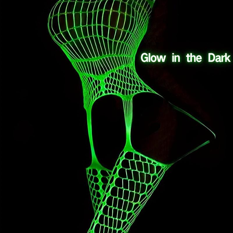 Glow in Dark Fishnet Bodysuit Seamless Lingerie Set Nightclub Outfit Sheer Tights Roleplay Costume Partywear Sexy Women Full Body Shimmer
