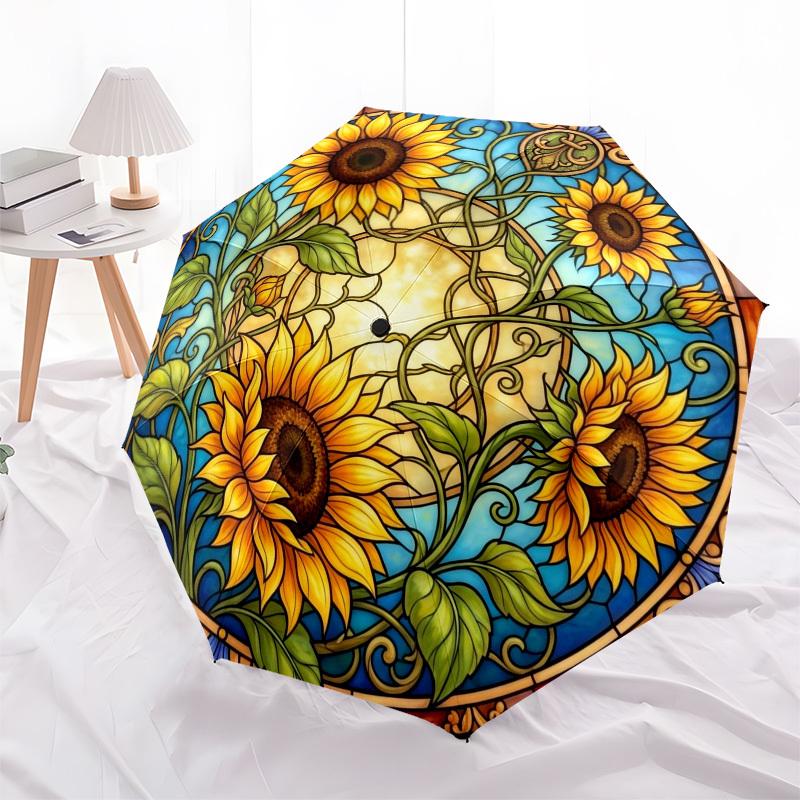 1pc Sunflower Stained Glass Artwork Umbrella with Plastic Handle,Compact & Stylish,Suitable for All Seasons YS331046