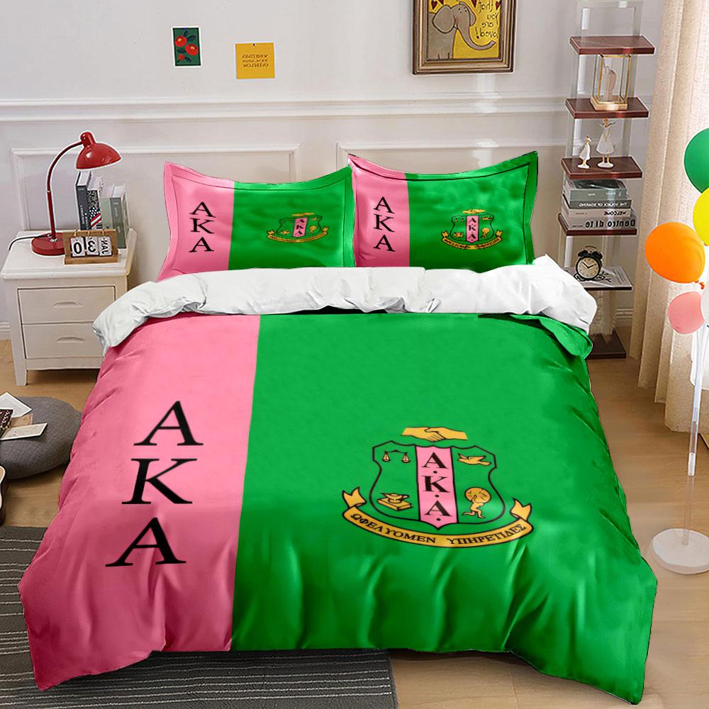 AKA Pink Green Split Coat Of Arms Duvet Cover Set Sorority Greek Letter Bedding Includes 1 Duvet Cover And 2 Pillowcase Gift