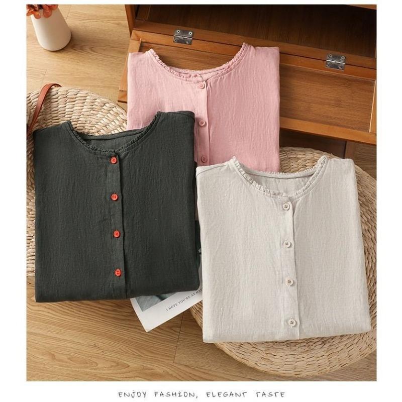 Women Dark Green Linen Blend Blouse With Ruffled Round Neck And Orange Button Front Casual Summer Top