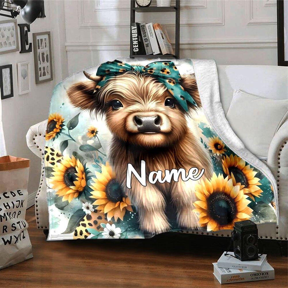 Cute Cow With Sunflowers And Bow Cozy Customizable Blanket Customize Text Comfortable Great For Sofa Couch Office Bed Picnics Four Seasons Universal