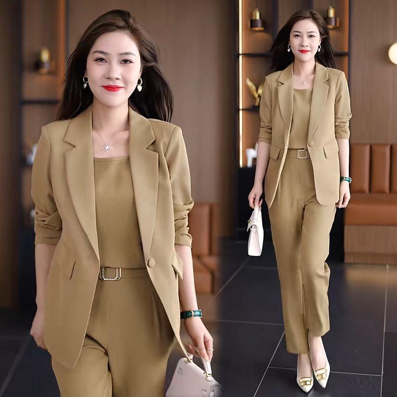 

Женская осенняя мода: Повседневные костюмы-тройки приталенного кроя для профессионального вида 4XL хаки