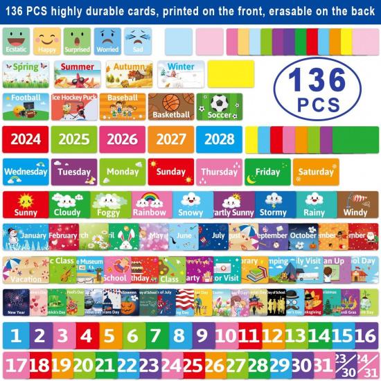 Calendar and Weather Pocket Chart for Kids with 136 Cards Classroom Calendar Pocket Chart School Homeschool Calendar Classroom Supplies Large 44.5" x