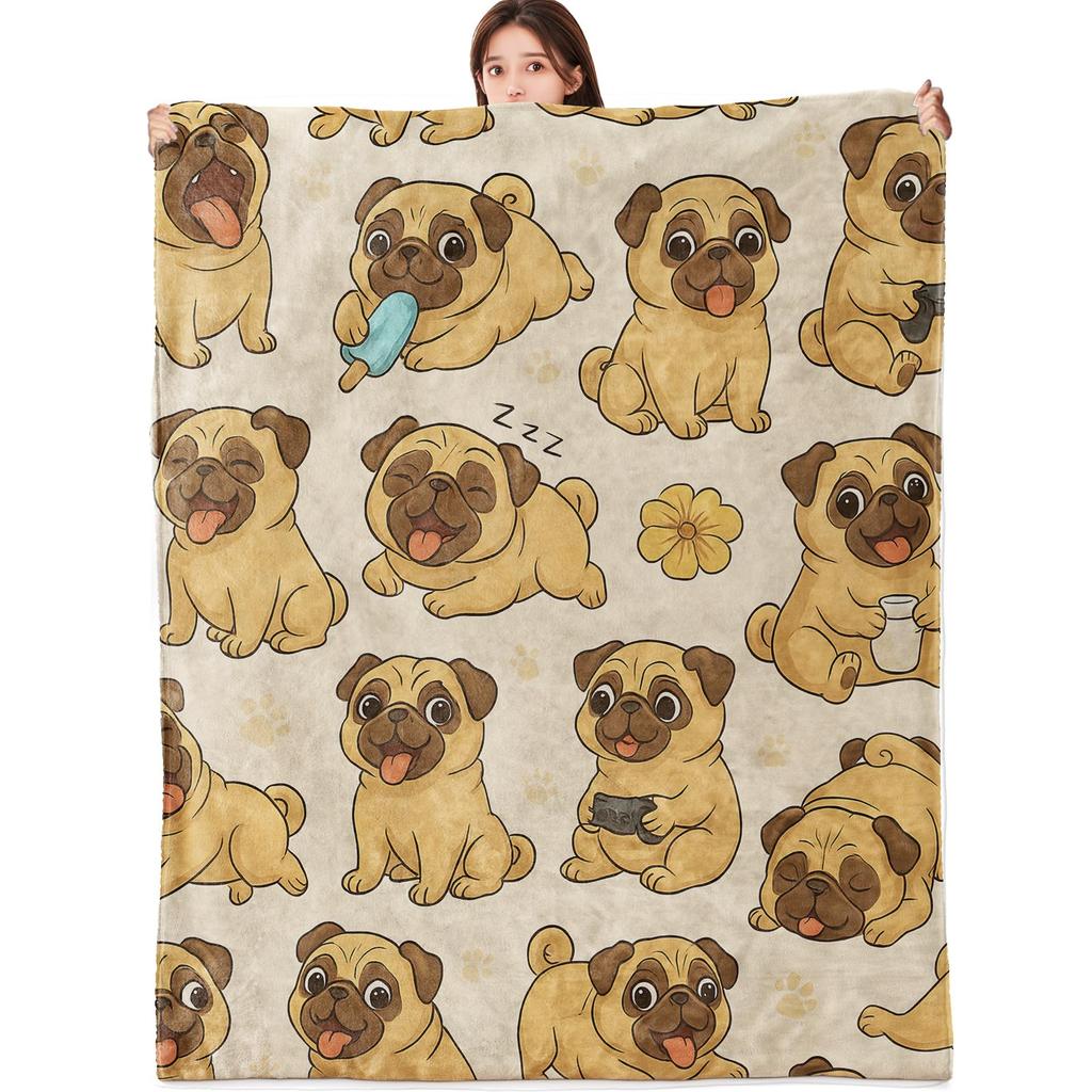Pug Blanket Cute Pet Puppy Dog Fleece Throw Blanket Soft Lightweight Cozy Plush Flannel Blanket for Sofa Couch Bed Living Room