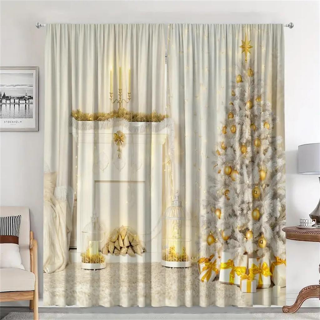 2pc,Christmas Ball Pine Leaves Curtain,With Rod Pocket Mount,Digital Printed Curtains,Polyester Material,For Living Room Bedroom