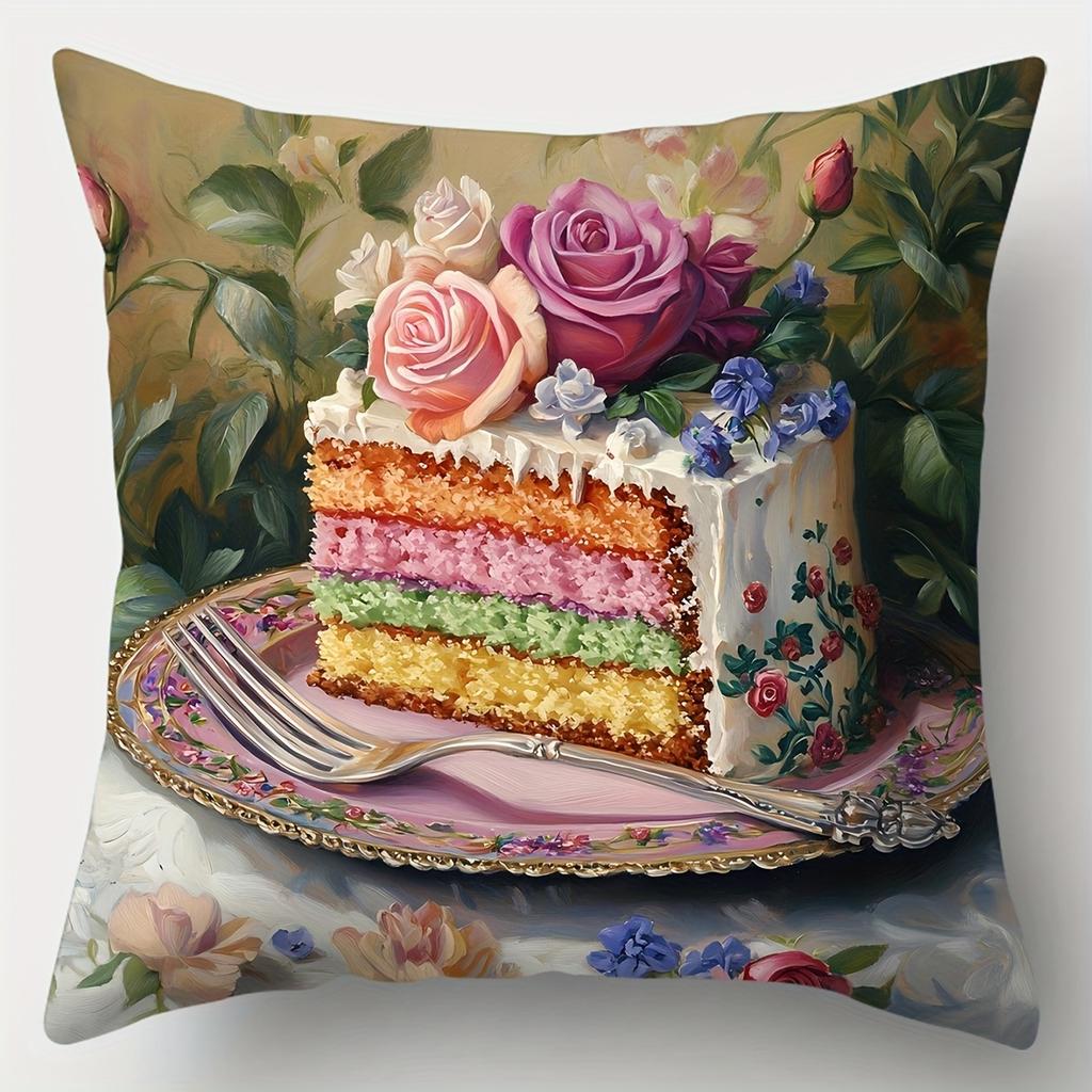 Celebration Dessert Style Pillow Covers, Colorful Layer Cake With Roses Print Cushion Cases, Cozy Home Decor Bedroom Living Room