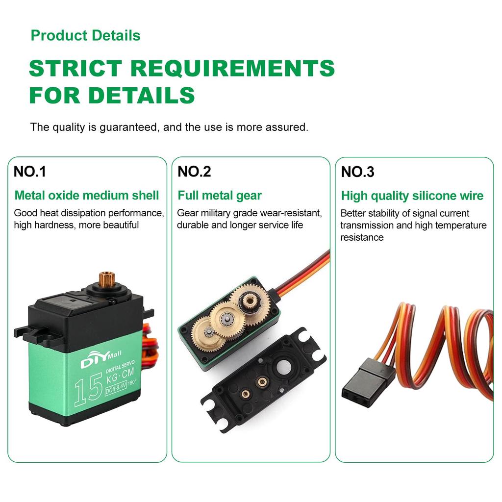 Rcmall 4pcs 15kg/cm 360° Continuous Rotation Metal Gear Digital Servo Motors High Torque for 1/8, 1/10, 1/12 Scale RC Car Robot