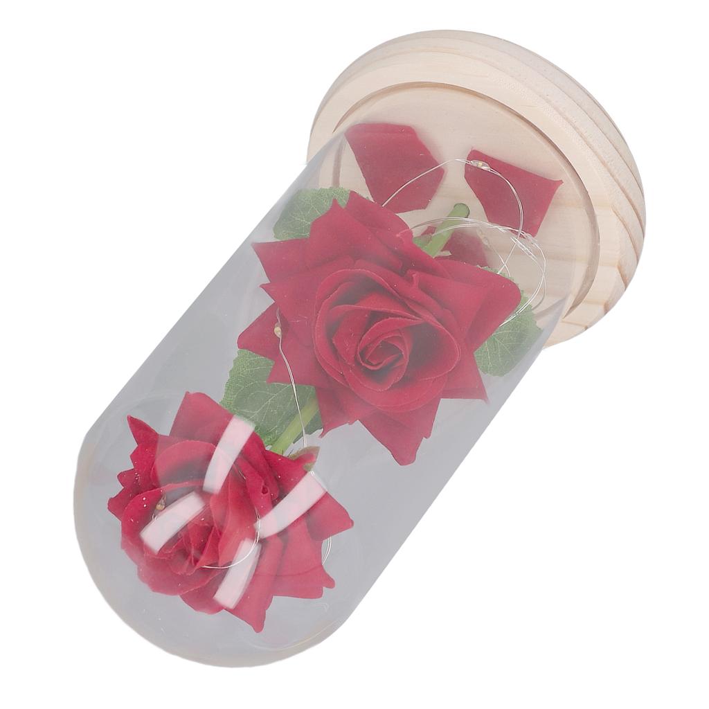 Valentine Day Artificial Flowers Glass Decor LED Light Wooden Base 2 Roses Ornaments for Girlfriend