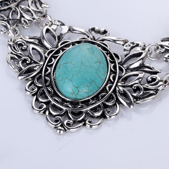 Women\'s Hollow Tibetan Oval Turquoise Bib Collar Necklace Earrings Jewelry Set