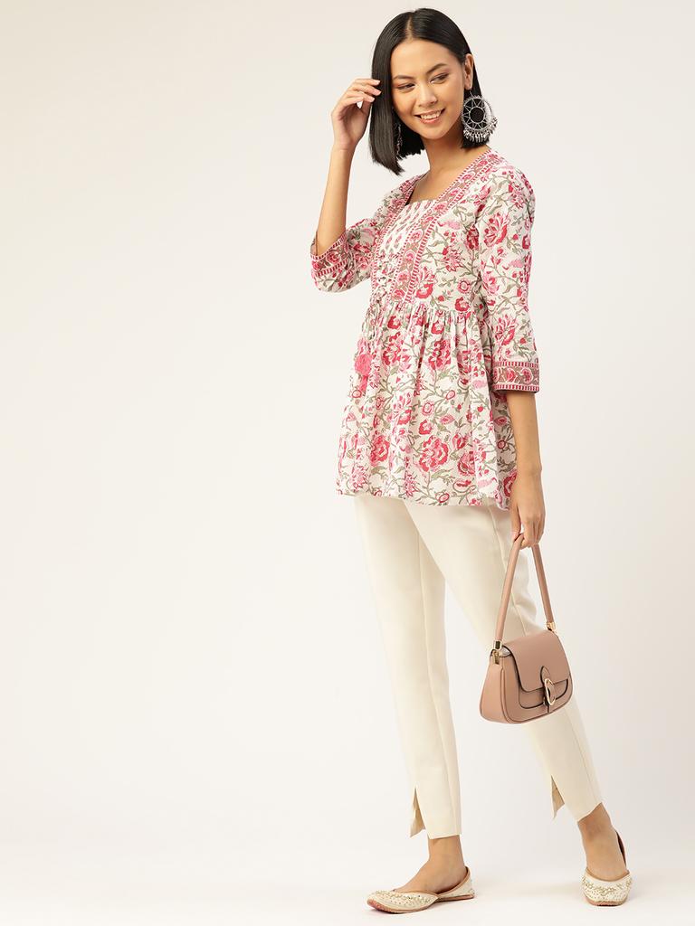 Woman White Floral Printed Top