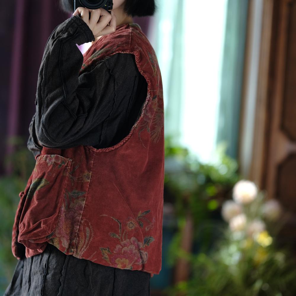 Johnature Women Coats O-Neck Sleeveless Print Floral Autumn Button Pockets Female Chinese Coats